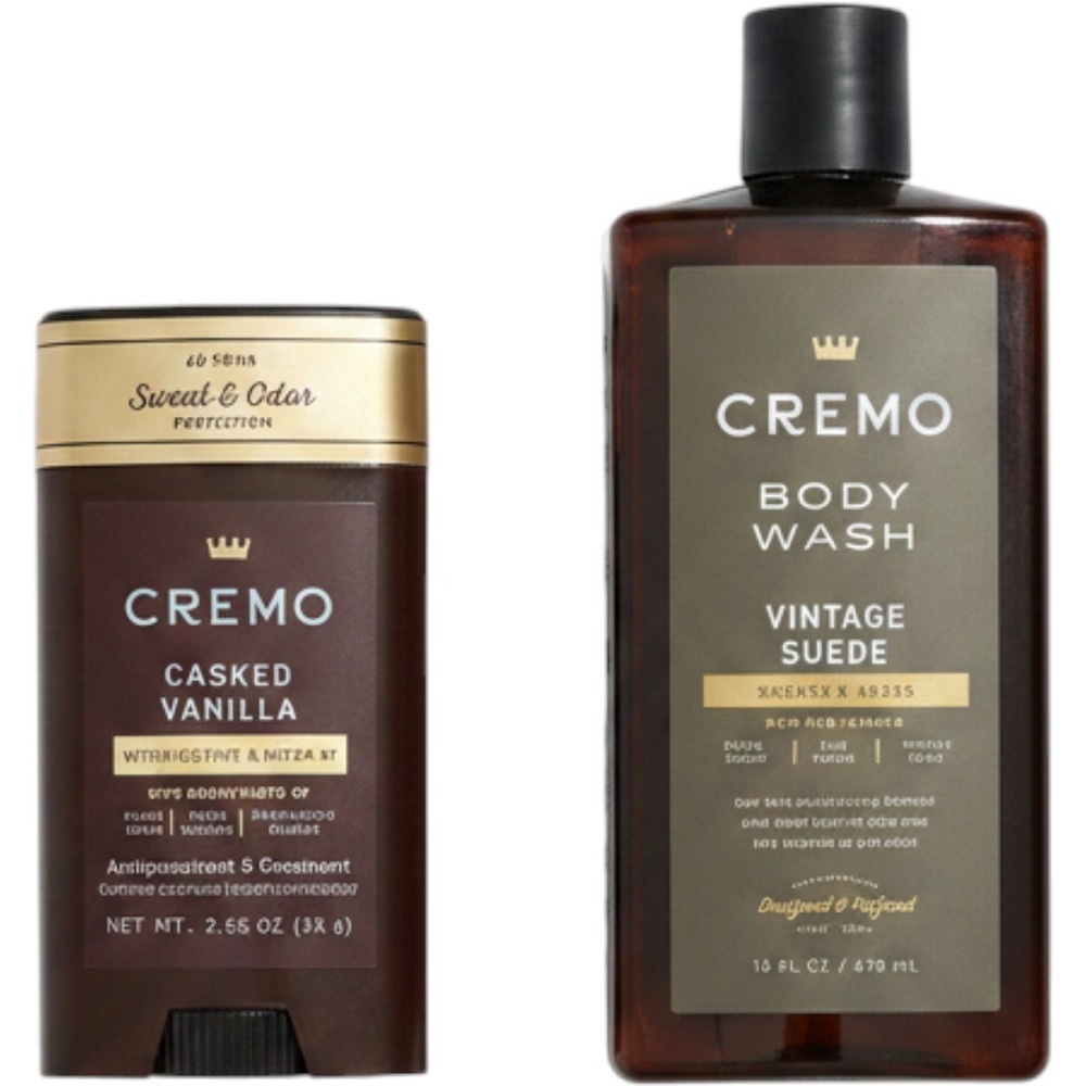 Cremo Men Vintage Suede Body Wash 16oz & Casked Vanilla Deodorant 2.65oz Set